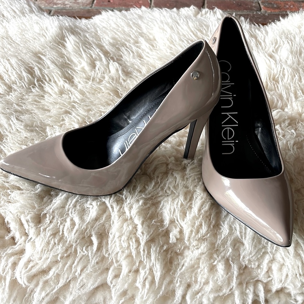 Calvin Klein stiletto heels desert sand Patton leather.